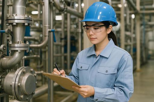 工場で機械を点検する作業服女性 工場で機械を点検する作業服女性の写真