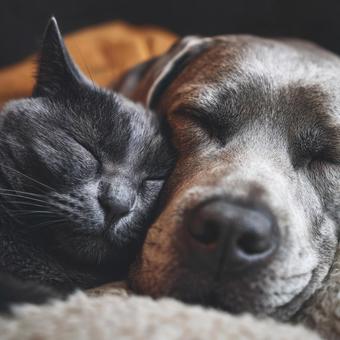 寄り添って眠る犬と猫 寄り添って眠る犬と猫の写真