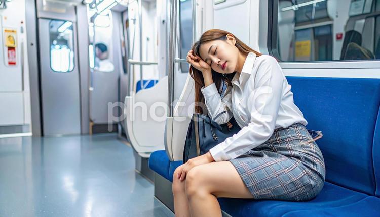 疲れて電車で熟睡している女性 睡眠,電車,寝落ちの写真素材