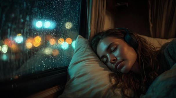 静かな音楽と共に夢を見る女性の写真