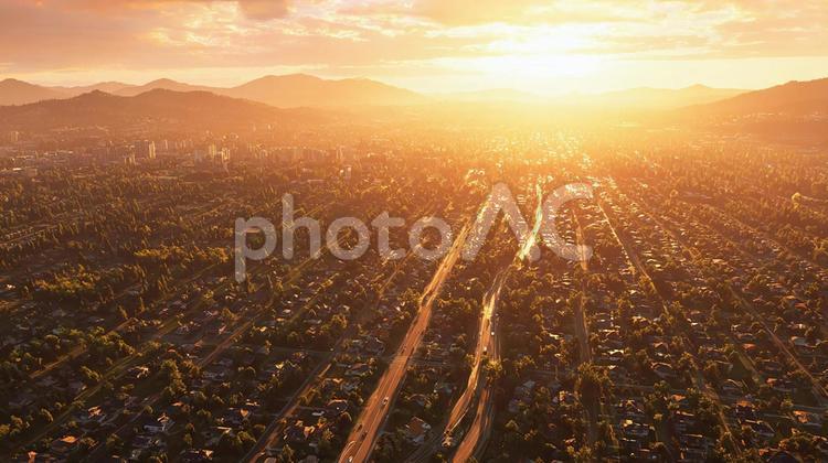 光が差し込む都市：上空から見た夕暮れ 都市,街並み,ゴールデンアワーの写真素材