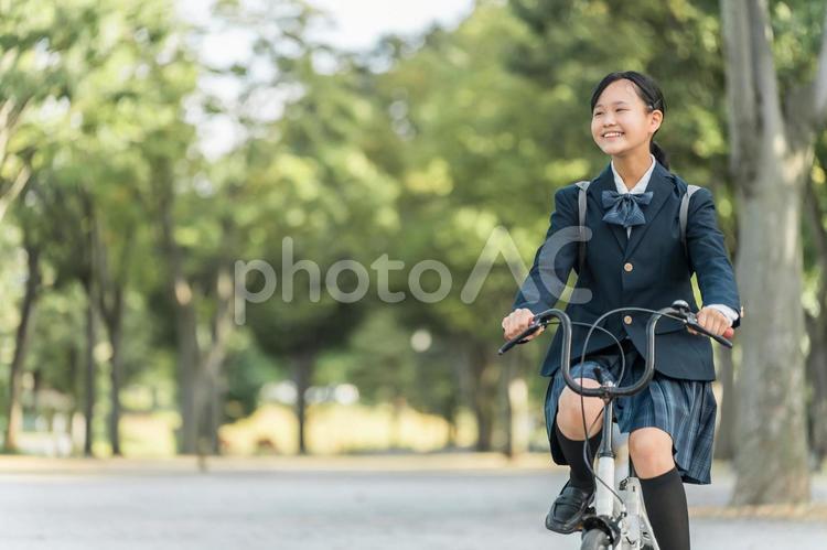 公園の中を自転車通学する中学生・高校生 中学生,高校生,自転車の写真素材