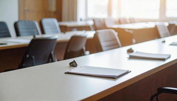 講習会の準備で書類が机に置かれた会場の写真