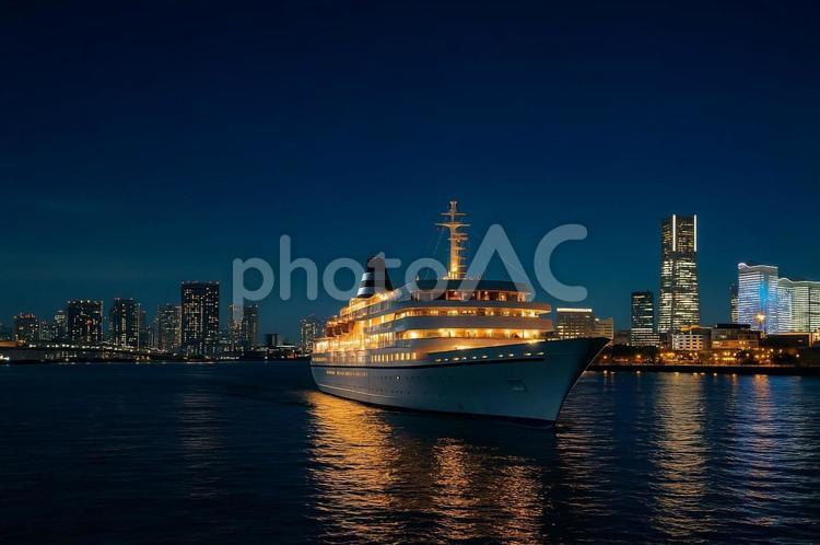 夜景の中を走る観光船 観光船,フェリー,クリーズ船の写真素材