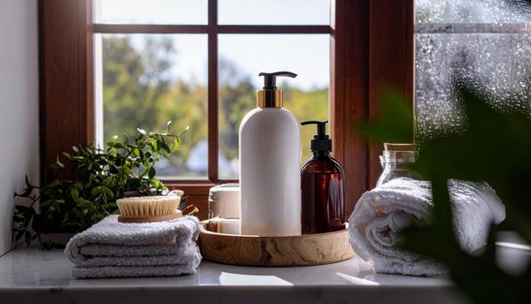 シャンプーとヘアオイルのボトルの白い容器の写真