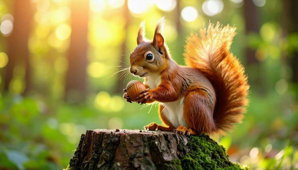 ドングリを両手で持つリスの写真