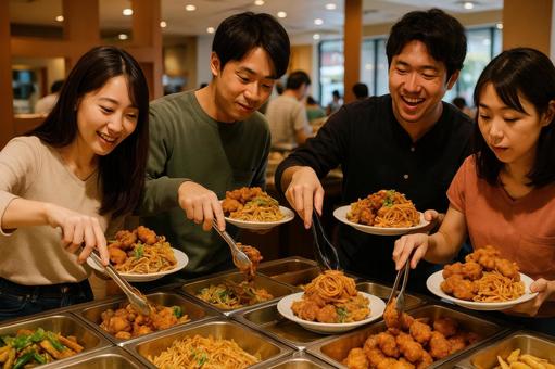 食べ放題でお皿に山盛り盛る人々 食べ放題でお皿に山盛り盛る人々の写真