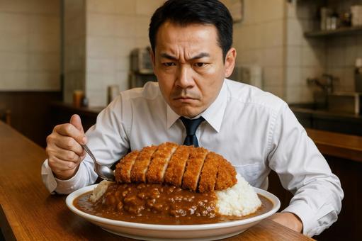 大盛りカツカレーに挑戦する社会人の写真