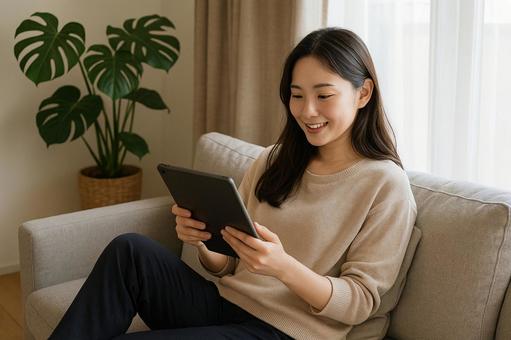 ソファでタブレット使う女性 ソファでタブレット使う女性の写真