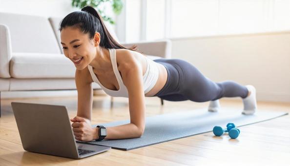 パソコンを見ながら運動をする日本人女性の写真