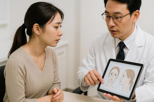 医師に説明を受ける女性患者 医師に説明を受ける女性患者の写真