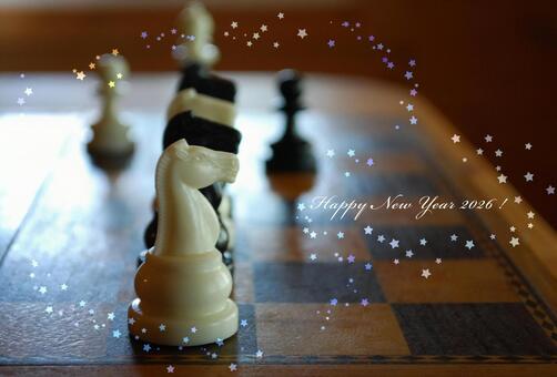 チェスのナイトの午年年賀状（白いナイト） 年賀状,チェス,2026年の写真素材