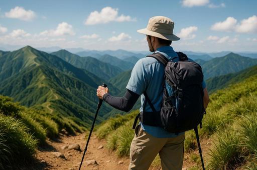 夏の登山を楽しむ男性 夏の登山を楽しむ男性の写真