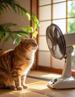 夏・扇風機で涼む猫の写真