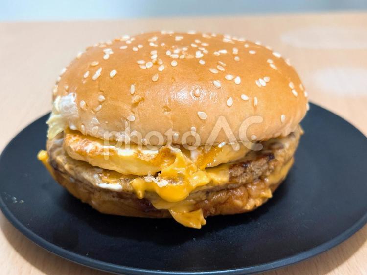 目玉焼きを挟んだハンバーガー ハンバーグ,トッピング,味付けの写真素材