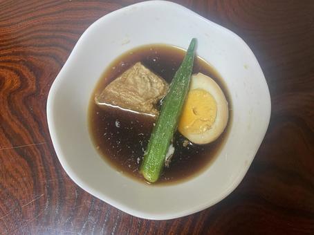 Dipping sauce, char siu, boiled egg, okra, JPG Dipping sauce, char siu, boiled egg, okra, JPG