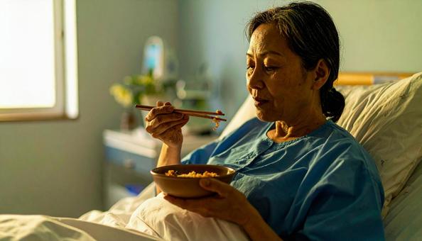 入院ベッドでご飯を食べる女性患者 入院ベッドでご飯を食べる女性患者の写真