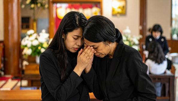 お葬式で涙を流す女性と慰める日本人女性の写真