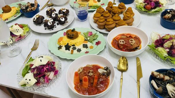 ハロウィンパーティーの家ごはん かぼちゃ,料理,ハロウィーンの写真素材