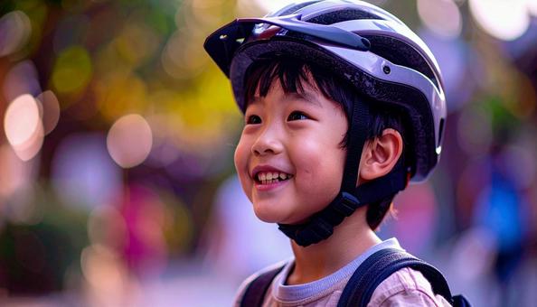 自転車用ヘルメットをかぶる男の子 自転車用ヘルメットをかぶる男の子の写真