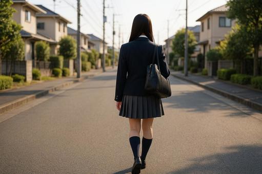 通学路を歩く女子高生 通学路を歩く女子高生の写真