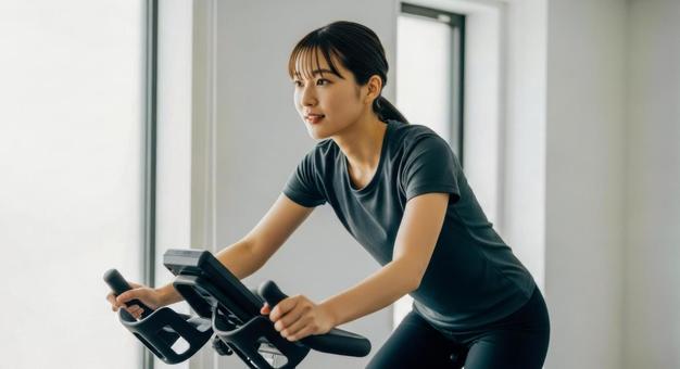 フィットネスバイクに乗る女性 フィットネスバイクに乗る女性の写真