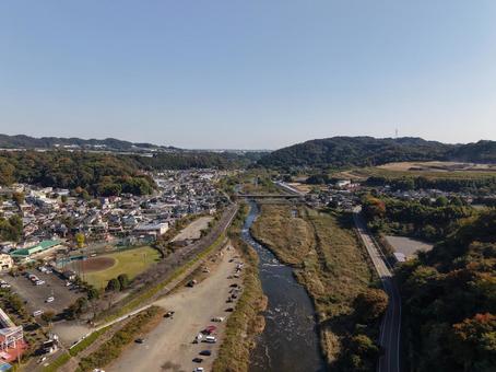 神奈川・中津川 2025年秋 ドローン,空撮,中津川の写真素材