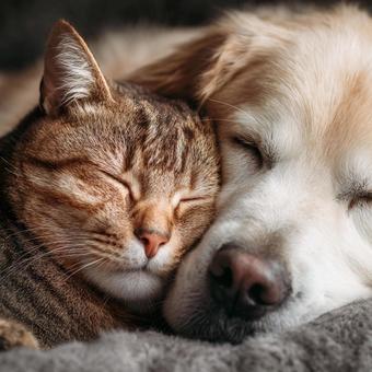 寄り添って眠る犬と猫 寄り添って眠る犬と猫の写真