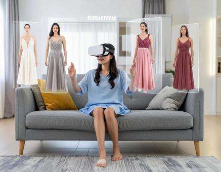 VRゴーグルを使ってドレスを選ぶ女性 VRゴーグルを使ってドレスを選ぶ女性の写真
