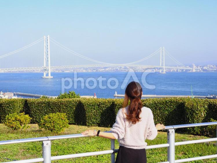 明石海峡大橋を眺める女性 女性,人物,橋の写真素材