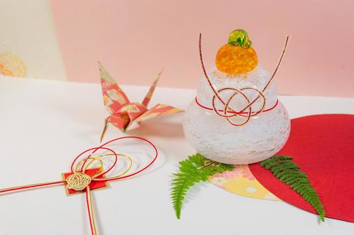 鏡もち・折り鶴・水引 鏡餅,お正月,鏡もちの写真素材