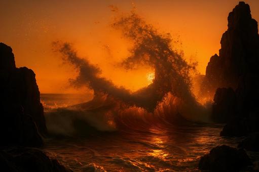 夕陽の波舞う渓間 夕陽の波舞う渓間の写真