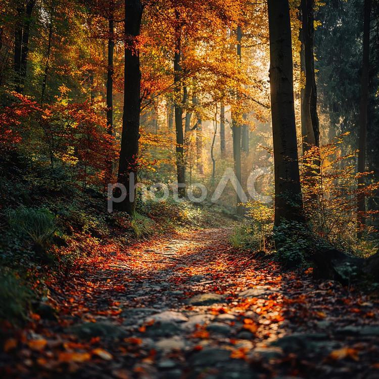 光り輝く紅葉の絨毯 紅葉,森,林の写真素材