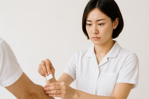 真剣に手当する看護師 真剣に手当する看護師の写真
