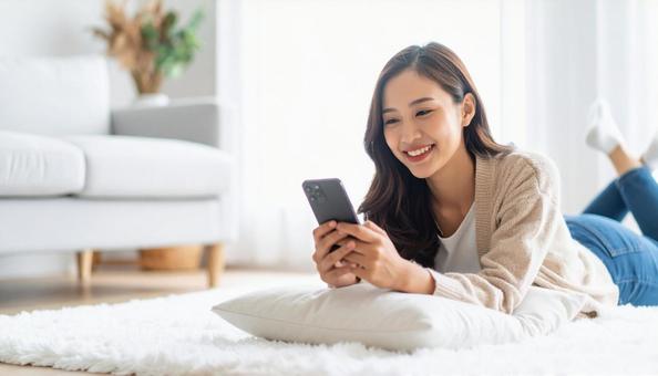 リビングで横になりスマホを操作する女性 リビングで横になりスマホを操作する女性の写真