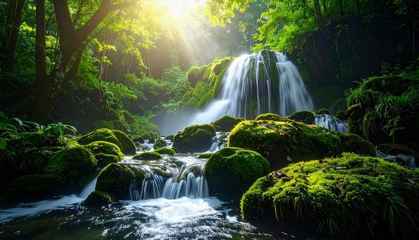 苔むす岩と朝日の滝 苔むす岩と朝日の滝の写真