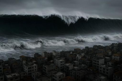 都市へ迫る巨大津波の写真