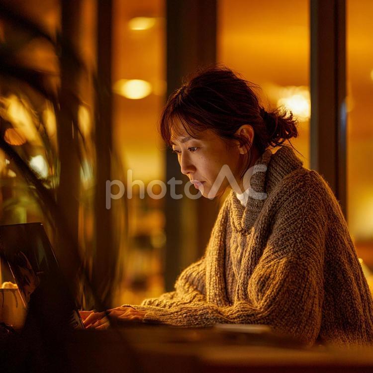 自宅でリモートワークをする日本人女性 日本人,女性,オフィスワーカーの写真素材