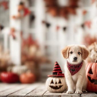 子犬とホワイトハロウィンの写真