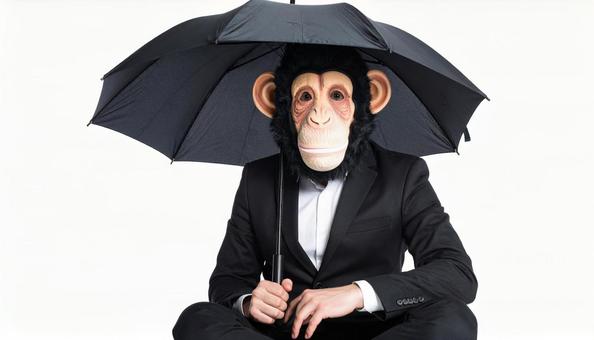リアルな猿のマスクを着けて傘をさす人A リアルな猿のマスクを着けて傘をさす人Aの写真