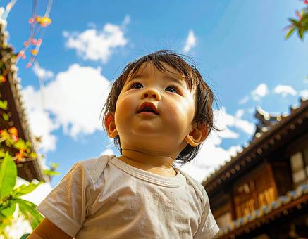 青空と子供、楽しいお出かけ 青空と子供、楽しいお出かけの写真