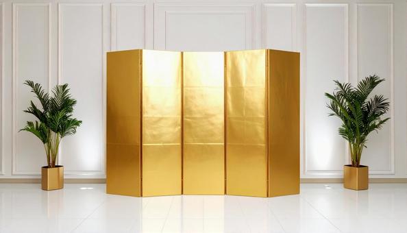白い会場の壁に立つ金屏風 白い会場の壁に立つ金屏風の写真