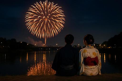 川辺で花火を見るカップル 川辺で花火を見るカップルの写真