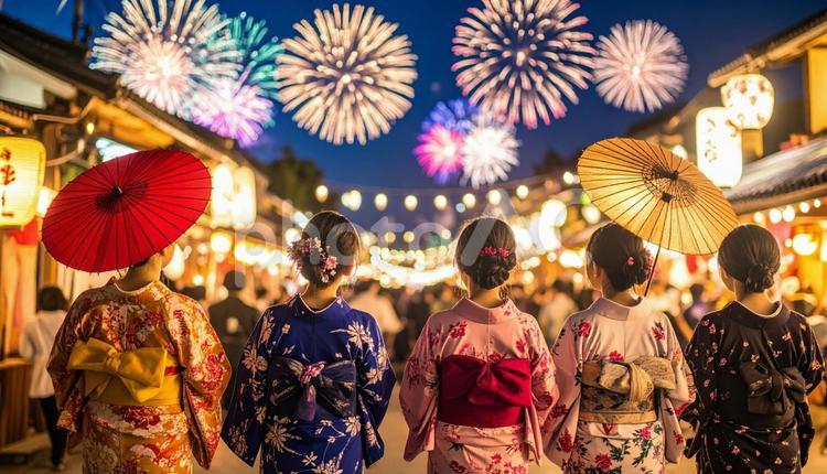 打ち上げ花火と浴衣姿の女性 打ち上げ花火,浴衣,女性の写真素材