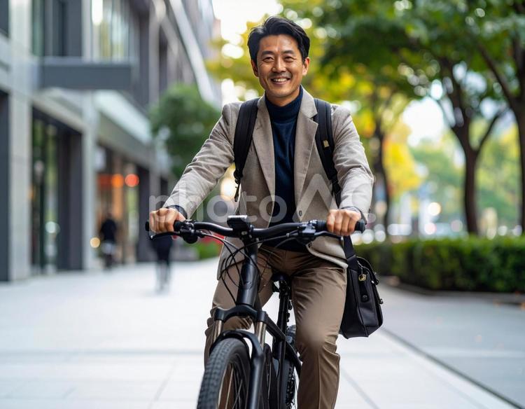 都会を走る電動自転車 電動自転車,都会,日本人男性の写真素材