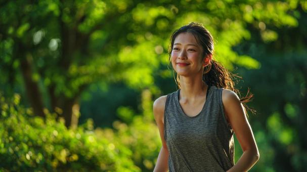 夕暮れにジョギングをする女性7 夕暮れにジョギングをする女性7の写真