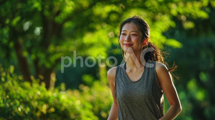 夕暮れにジョギングをする女性7 ジョギング,走る,運動の写真素材