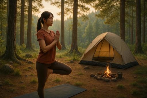 自然の中でヨガをする女性 自然の中でヨガをする女性の写真