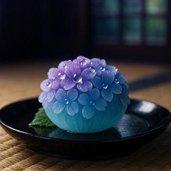 紫陽花と雫の和菓子 紫陽花と雫の和菓子の写真
