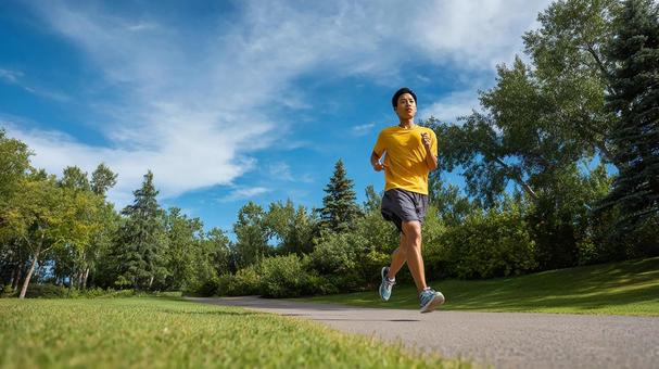青空の下、爽やかにジョギングする男性 青空の下、爽やかにジョギングする男性の写真